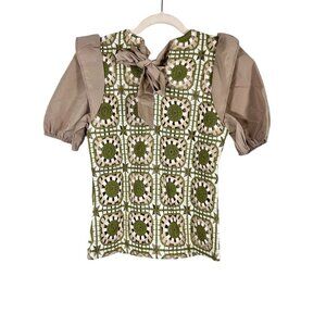 Retro Quilt Patchwork Crochet Dress Tan XL Boho Indie Folk Preppy Neutral 80s